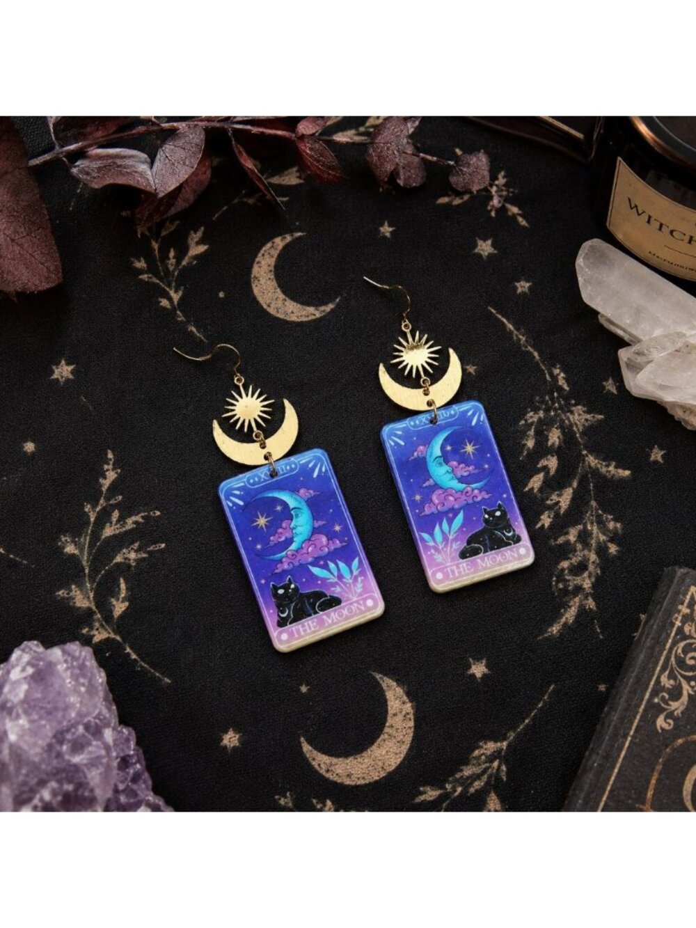 The Moon Black Cat Tarot Style Dangle Earrings Acrylic Handmade Celestial Sun - Picture 3 of 5
